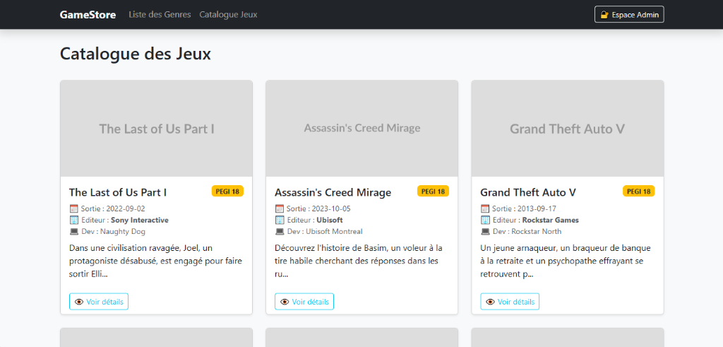 Interface d'accueil du projet GameStore - Développement PHP Web